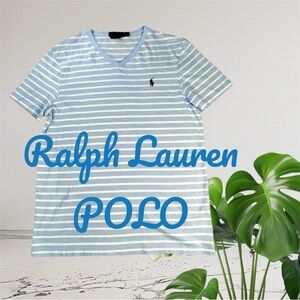 Polo by Ralph Lauren Light Blue and White Striped Short Sleeve Top SZ:M Slim Fit
